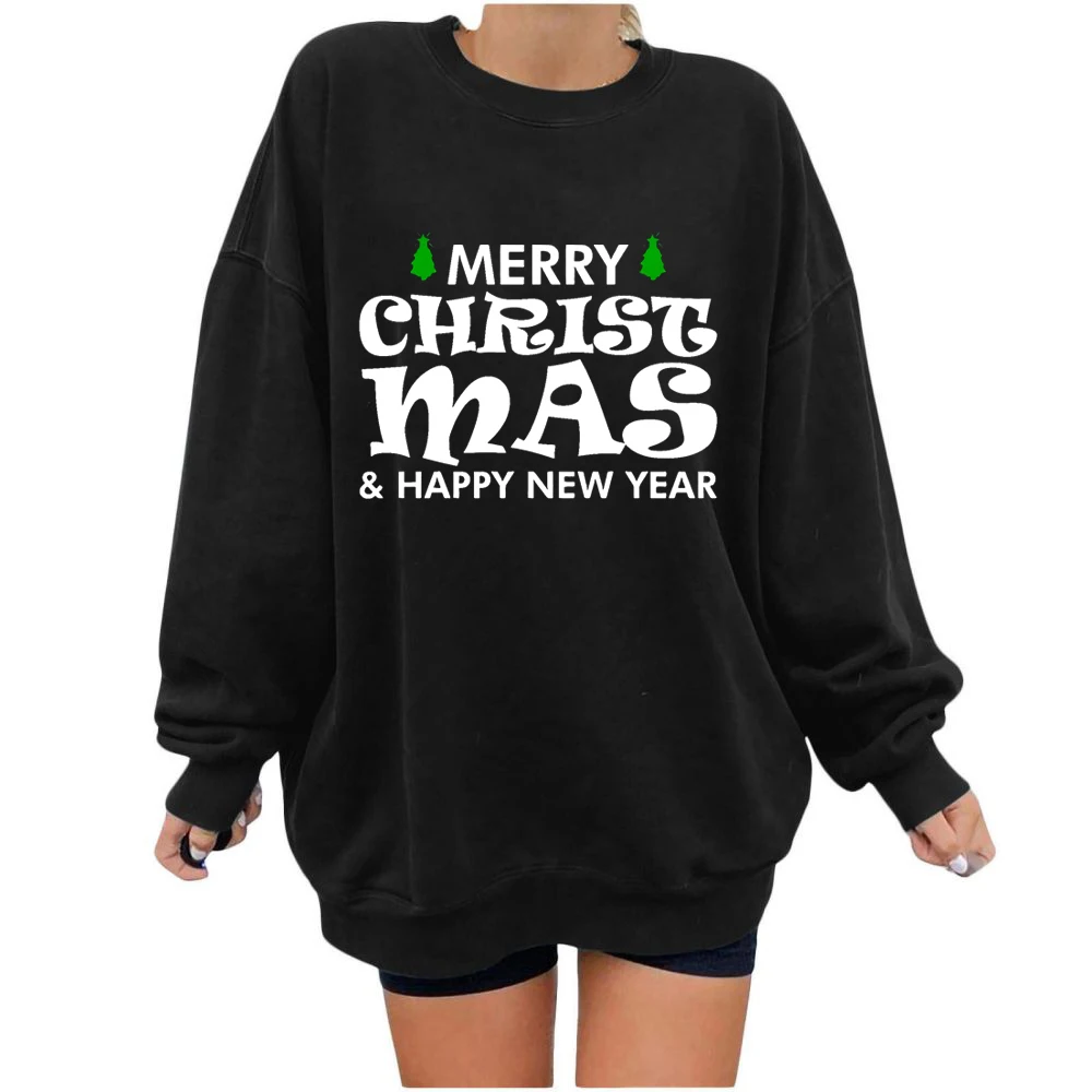 

Merry Christmas and Happy New Year Sweatshirt Christmas Costume Hipster Xmas Long Sleeves Funny Letter Print Top Sweatshirt