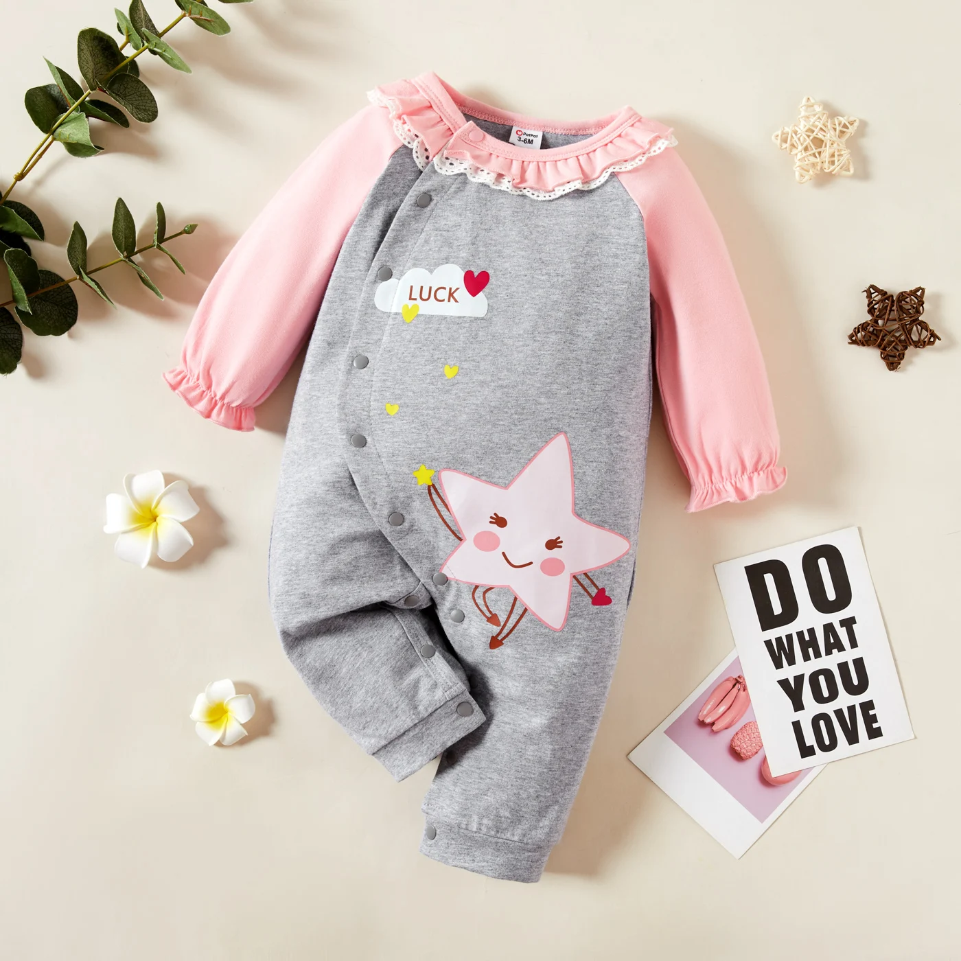 Детский хлопковый комбинезон PatPat с длинным рукавом принтом звезд и букв оборками