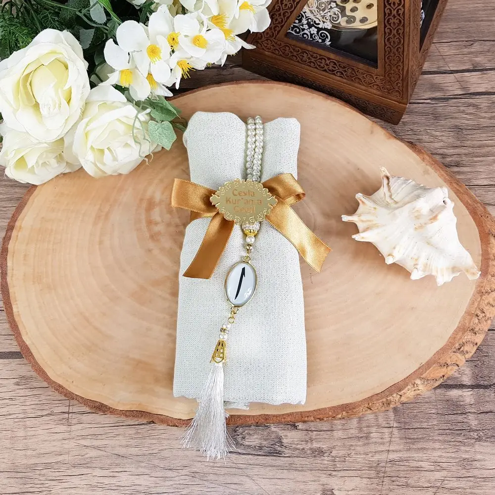 Gift Wrap, Luxury Pearl Rosary, Custom Plexiglass, Ribbon Decorated Set - Cream  Set FREE SHİPPİNG