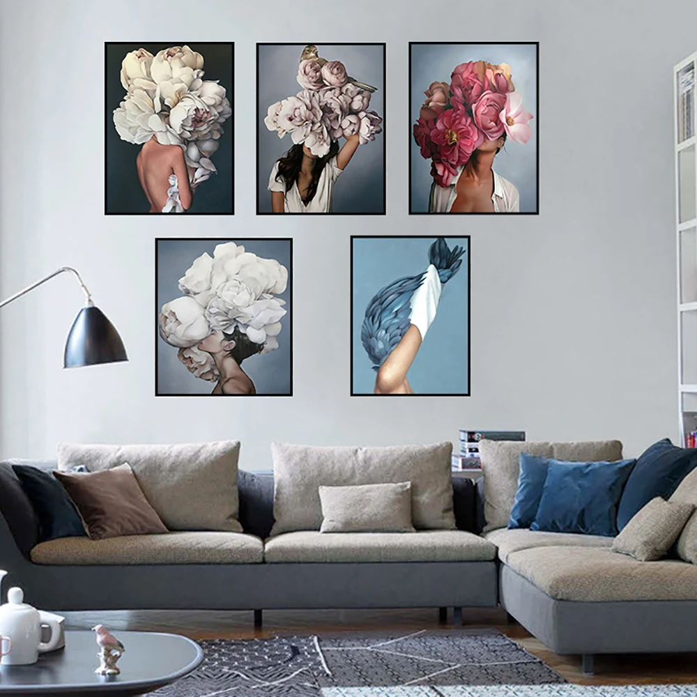 

Feather Poster Canvas Painting Modern Art Nude Woman and Floral Mural Cuadros Picture for Bedroom Living Room Home Decor