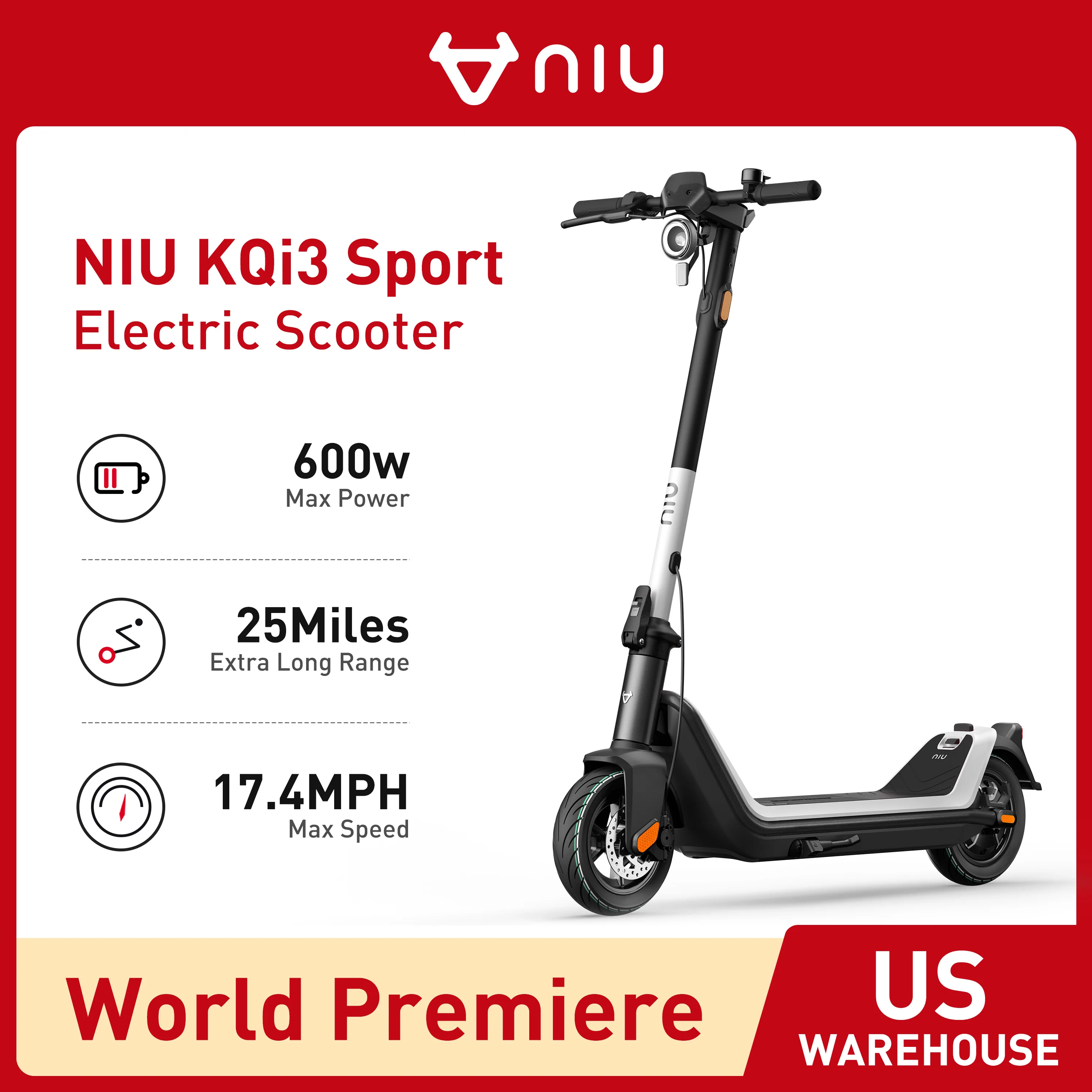

NIU KQi3 Sport Electric Kick Scooter for Audlts 25Mile Range 17.4MPH Max Speed Wide Deck Smart Scooter Foldable 4 Color Options