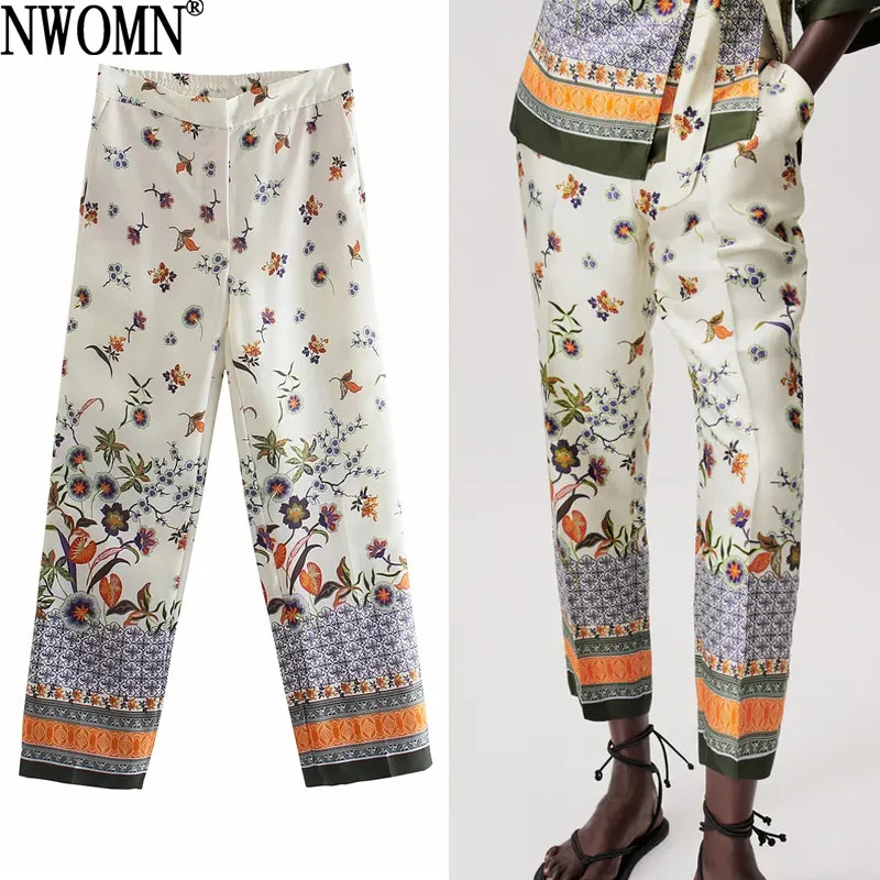 

NWOMN Za 2021 White Women's Pants Vintage Print High Waist Pants For Women Summer Loose Trousers Woman Casual Elastic Waist Pant