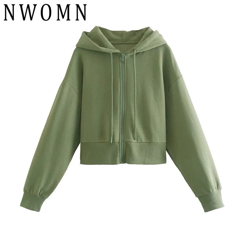 

NWOMN Women Hoodie Green Cropped Sweatshirts Female Vintage Zip Hooded Jacket Woman Casual Long Sleeve Hoodie Sweatshirts
