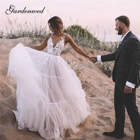 simple v neck boho wedding dresses 2020 tiered tulle skirt a line bridal gowns lace appliques wedding gowns