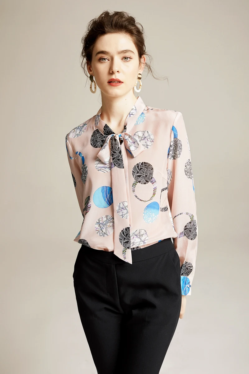 100% Pure Silk Women's Runway Shirts Bow Collar Long Sleeves Printed Elegant Spring Summer Casual Fashion Blouse Tops Shirt | Женская