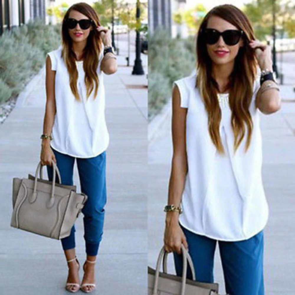 

2021 Summer Chiffon Blouse Women's Sleeveless Wrinkle O-Neck Casual Solid Fashion Vest Blusas Casual Loose Tops Shirts