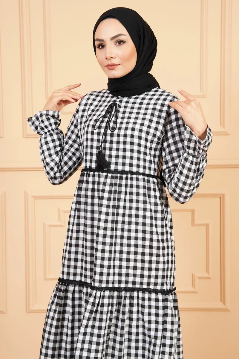 

Lace Gingham Dress Tassel Detail Zero Collar Women Clothing Summer Fashion Muslim Long Sleeve Shabby Daily Travel Work School Ho