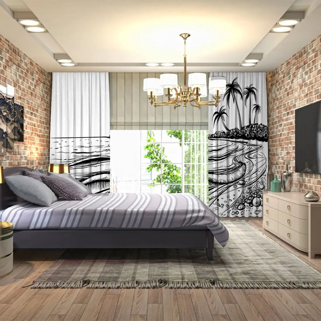 Занавеска с морскими волнами и пальмами вид на море иллюстрация черно-белый