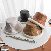 2020 new fashion faux leather hat womens lamb cashmere pu bucket hats personality popular basin winter cap gorras