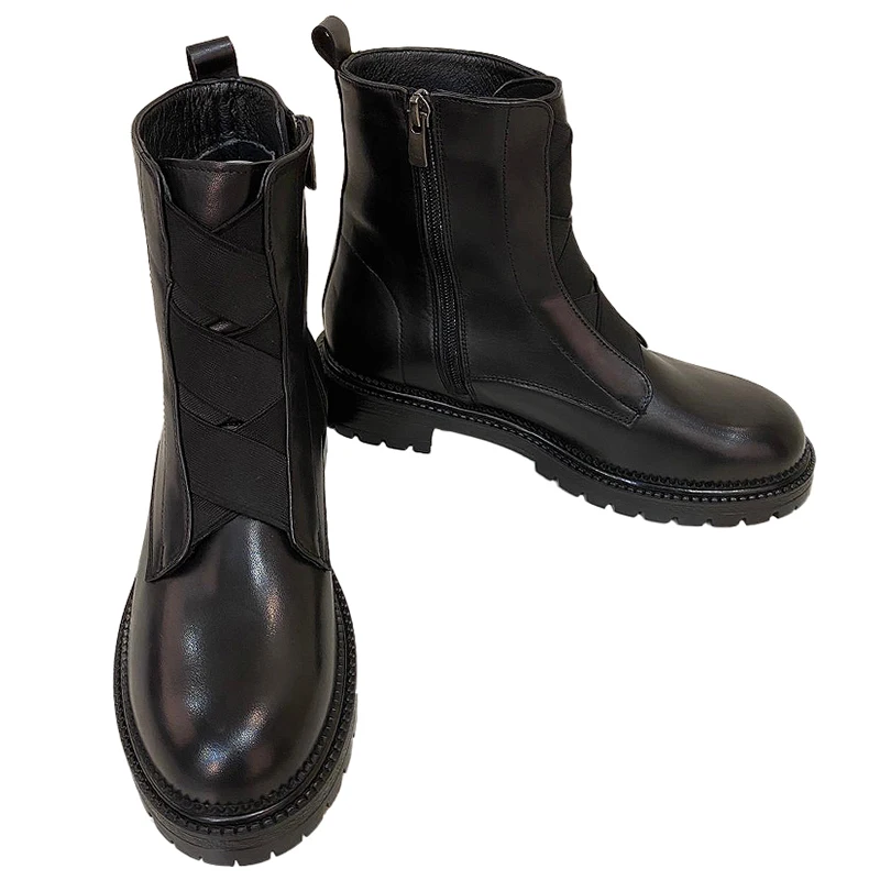 Ботинки черного цвета из натуральной кожи женская обувь с ремешками крест