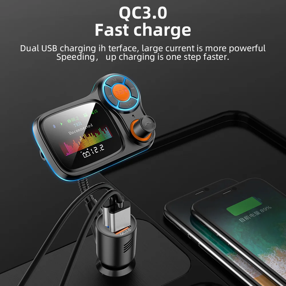 

Vehemo LCD Display Fm Transmitter Bluetooth Stereo Show Lyrics QC3.0 Universal Handsfree Car Charger MP3 Player