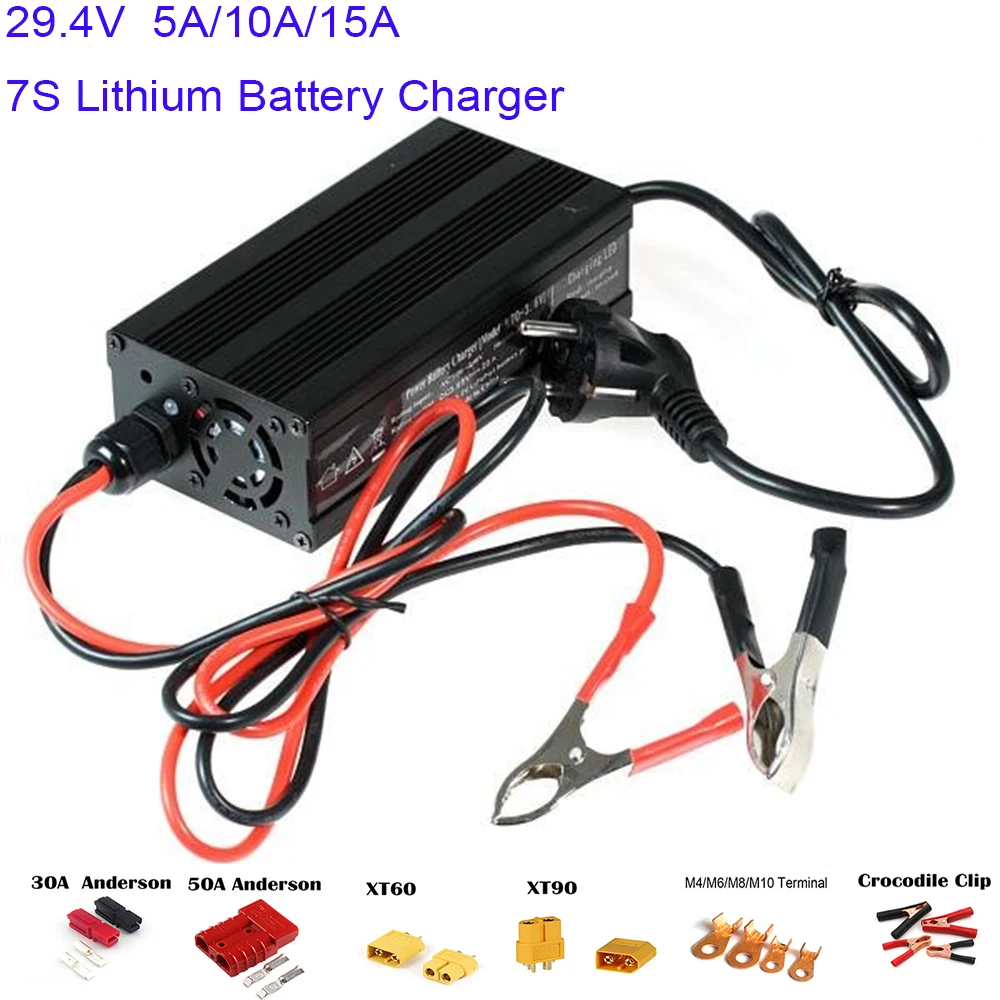 

29.4V 15A Smart Charger 29.4V 20 Amp Power Li-ion Battery Charger for 7S 24V Ebike Lithium Battery Pack with Cooling Fan