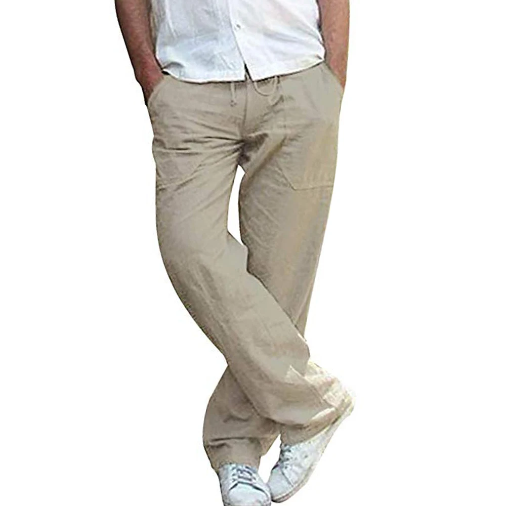 Light grey Oeak мужские льняные штаны новые летние повседневные свободные мужские однотонные прямые брюки с эластичной резинкой на талии пляжная одежда спортивные штаны для бега - Цвет: Light grey