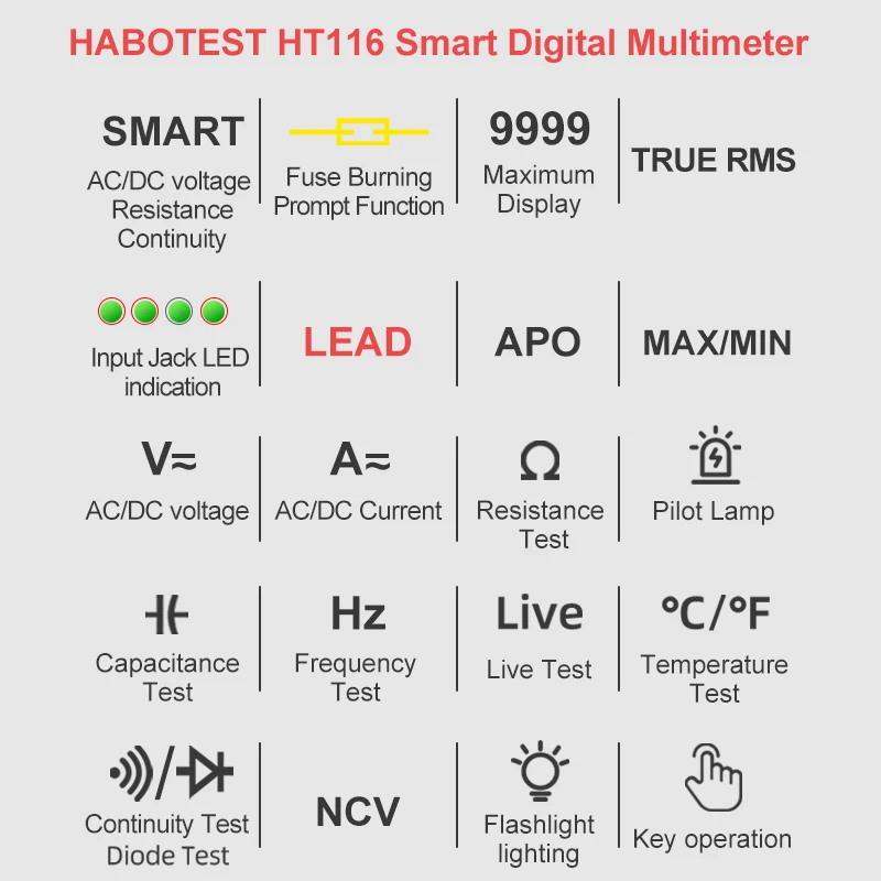 Professional Digital Multimeter Smart Multi Tester Auto Range TRMS AC DC Voltage Ohm HZ Capacitance Diode Live Continuity Meter |