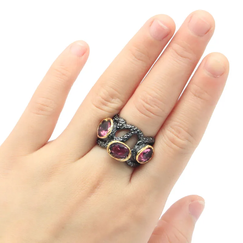 26x15mm Punk Hollow Style Created 11.2g Green Peridot Pink TourmalineFor Women Fashion Daily Wear Black Gold Silver Rings Gothic | Украшения
