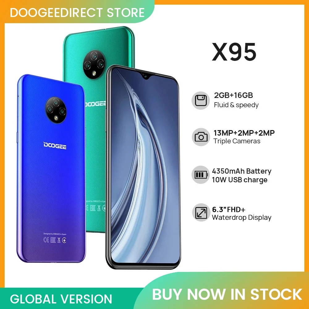 

DOOGEE X95 SmartPhone 6.52'' Waterdrop display MTK6737 Cellphones 16GB ROM Dual SIM 13MP Triple Camera 10W Fast Charger 4350mAh