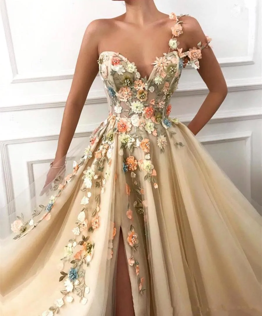 Robe De Soiree/Коллекция года, платье с цветочным узором для девочек платье на одно плечо Аппликация с разрезом, торжественное платье для выпускного вечера, вечерняя мантия A Line Robe Soiree