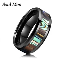 Customize Wholesale Black Tungsten Carbide Rings with Abalone Shell Inlay Polished Beveled Edges Mens Wedding Band
