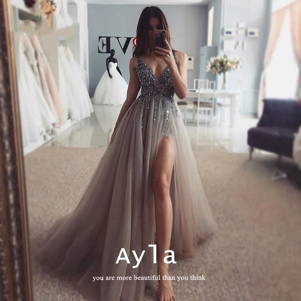 

Sexy Glitter V-neck Evening Dress High Split Prom Gowns Backless Formal Gowns Evening Dresses Vestidos De Novia