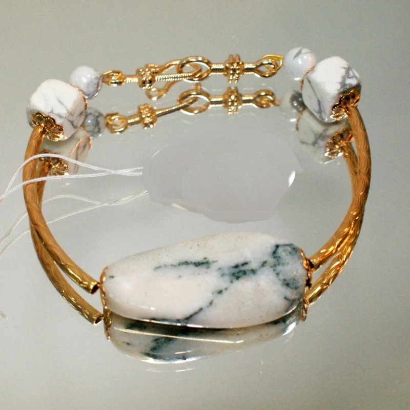 Модный Браслет с агатом натуральным белым позолоченный Серьги ювелирный набор