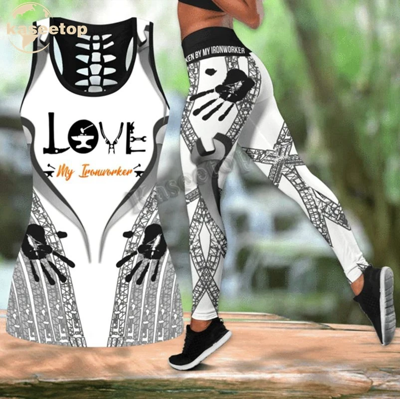 

Kaseetop Love My Ironworker Two Piece Yoga Set Women 3D Print Vest Hollow Out Hollow Tank & Legging Outfit Summer Casual LK18