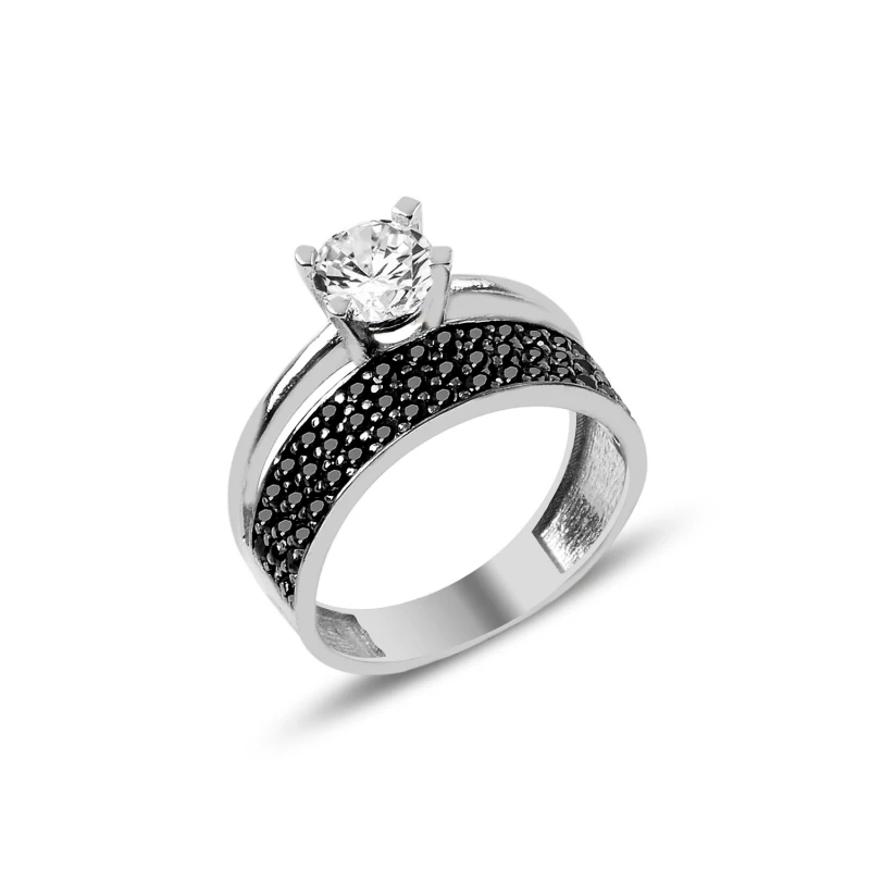 

Silver 925 Sterling Zircon Cubic Zirconia Three Row Half Round Engagement Ring