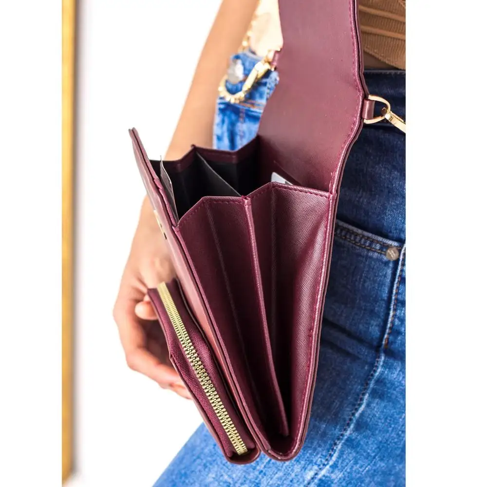 

Burgundy Color Chain Small Fashion Women Lady Crossbody 2 Compartments Wallet Bag Magnetic Quality Cover For Password and Cards