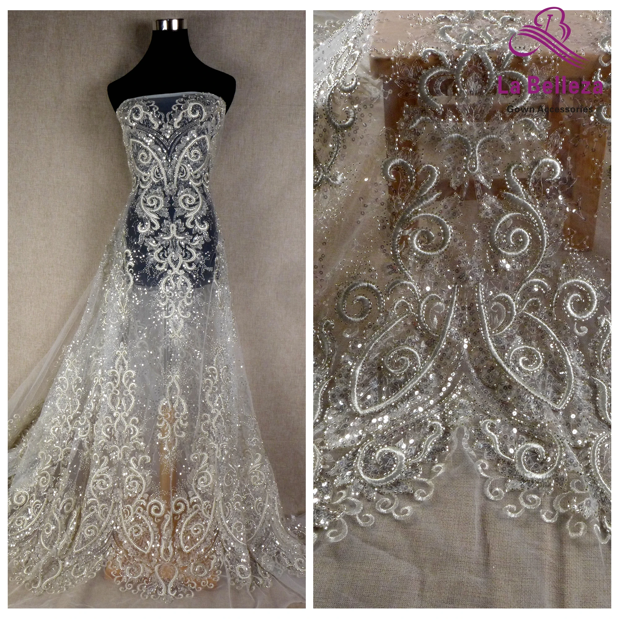 Encaje de novia a La moda, tela de encaje bordado pesado, tela de encaje con cuentas de plata, 51 ''de ancho, 1 yarda, 2021