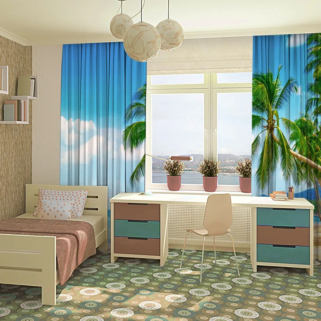 Занавеска тропический пляж пальмы с вокруг пушистых облаков на небе сохранять