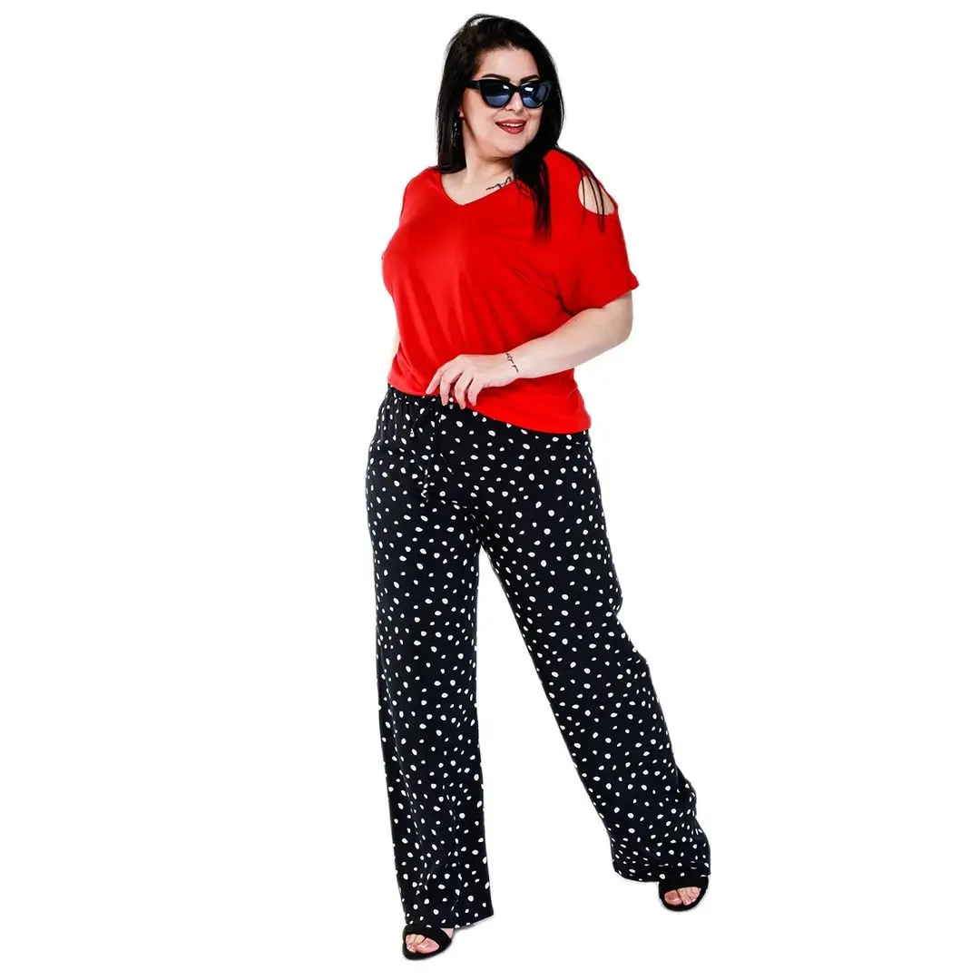 Women’s Plus Size Aesthetic Style Elastic Waist Polka Dot Black Pants, Designed and Made in Turkey, New Arrival