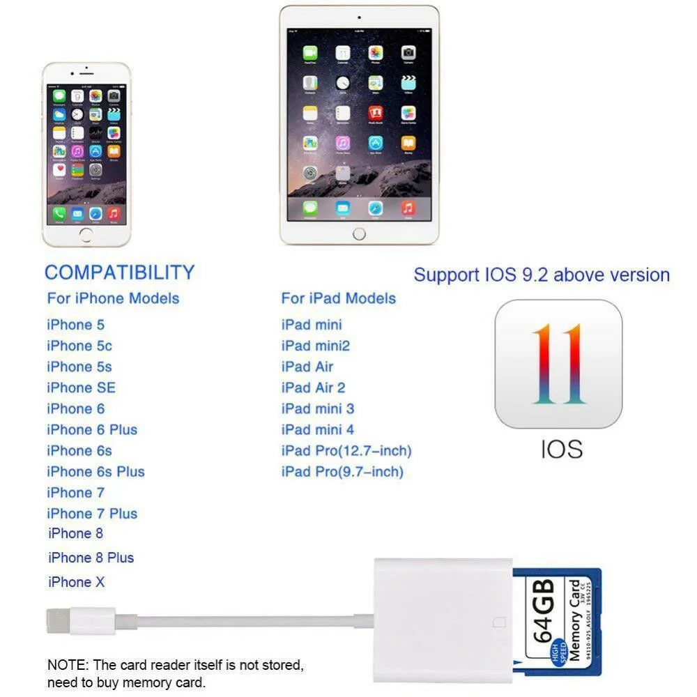 USB кард-ридер белый горячий Lightning к SD кард-ридер кабель-адаптер для iphone 8 Plus 6S Apple iPad Pro Air Mini