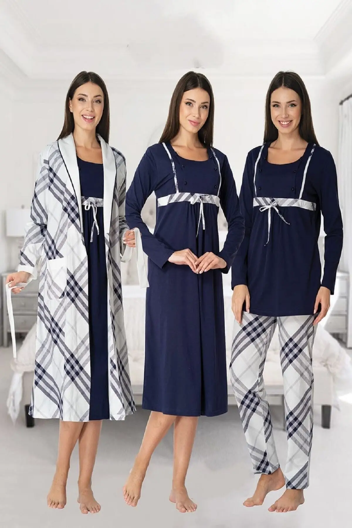 Lohusa Dünyasi Women Plaid Long Sleeve Nightgown Pajamas Set 4-Piece Gray Red Gray Navy Blue Pink Blue enlarge