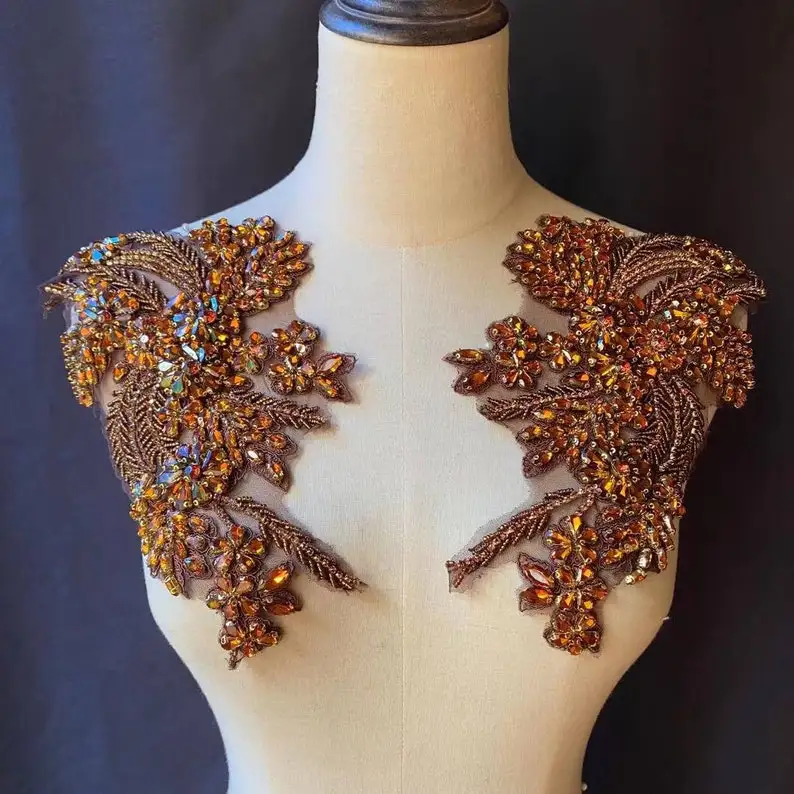 

Brown Rhinestone bead applique, heavy bead handmade rhinestone applique for couture, rhinestone garment accessory