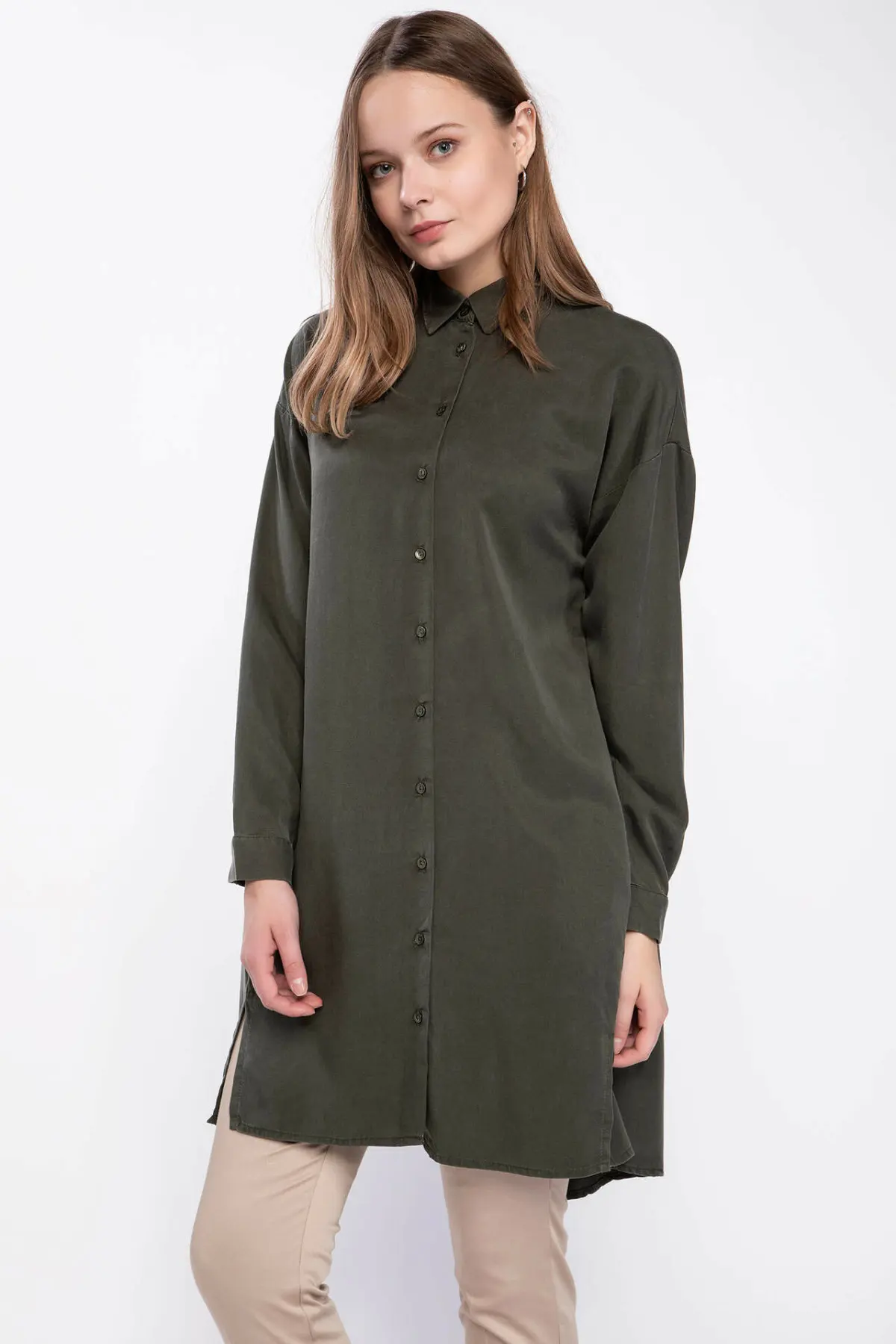 DeFacto женские осенние армейские зеленые длинные рубашки большого размера