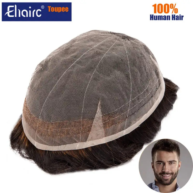 New Full Lace Men Toupee Breathable Human Hair Systems Unit Blenched Men's Wig Male Capillary Prothesis 100% Natural Wig For Men