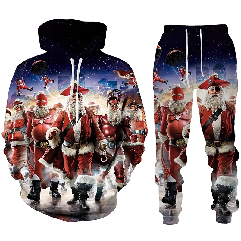 New Fashion Men Women Christmas Print Hoodie Suits Men Long Sleeve Pullover + Pants Loose Hooded Sweatshirt Set
