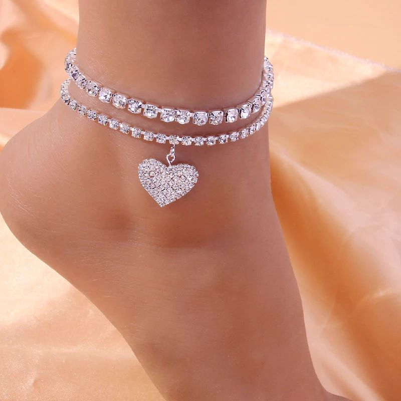 

Fashion Tennis Anklet and Pendant Heart Anklet Set for Women Foot Iced Out Jewelry Barefoot Sandal Chain Set Crystal Wedding