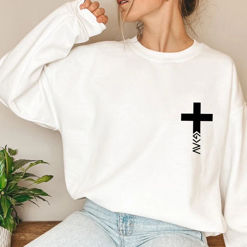 

Pocket Print God Is Greater Than Highs And Lows Sweatshirt Casual Women Long Sleeve Christian Jesus Faith Pullovers Streetwear