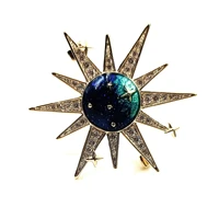 fantasy blue enamel starry night burst star badge pin round shape lapel pin broach unisex v neck collar waist cuff accessory