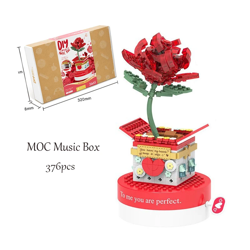 

MOC Creative Red Rose Flower Bouquet Building Block Bricks 376pcs Music Box Version Sets Lover Valentine's Day DIY Toys Gifts