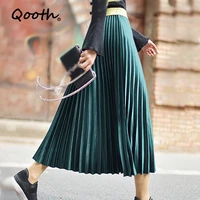 qooth women elegant high waisted pleated skirt spring fashion midi long skirts casual vintage metallic skirt multi color qh1681