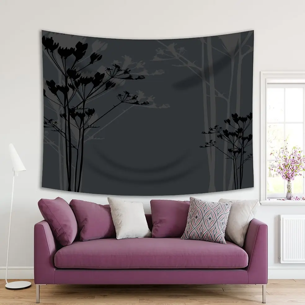 

Tapestry Trees Forest Landscape Night View Silhoutte Nature Monochrome Artwork Printed Gray Black