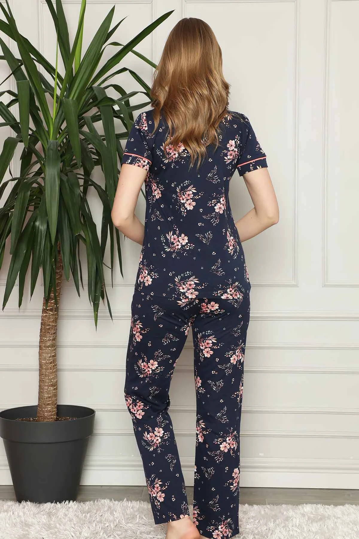 

New Summer Spring Women Pajama Sets Short Sleeve Sleepwear Pajamas Suit Homewear Overnight Dressing Gown Flower Decorated Button