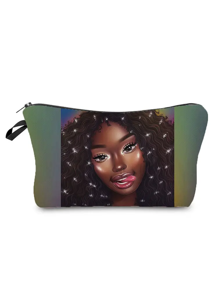 

Fashion Shiny Curly Hair Afro Girls Cartoon Printed Makeup Bag Large Capacity Cosmetic Bag For Nail Polish Female Wash Bag