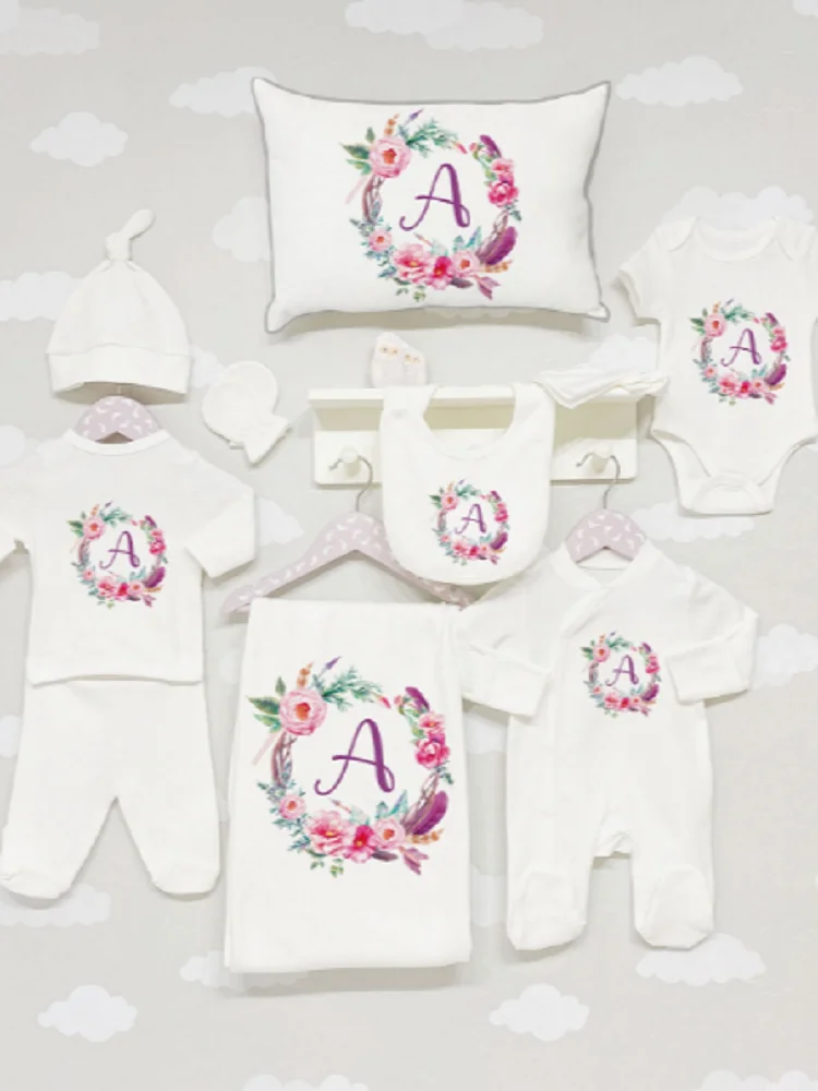 11 PIECES REQUESTED SINGLE LETTER PRINTED SET - NEWBORN - HOSPITAL OUTFIT - UNISEX - WITH BAG