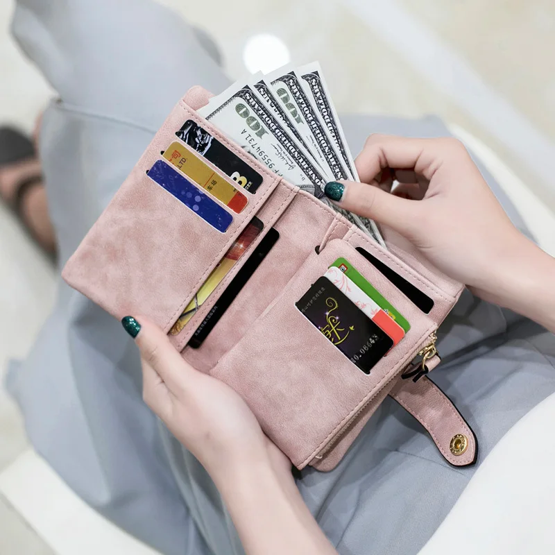 Women's Wallets and Purses PU Leather Wallets Women's Short Tri-fold Multi-Card Buckle Wallet Small Solid Color Coin Card Holder