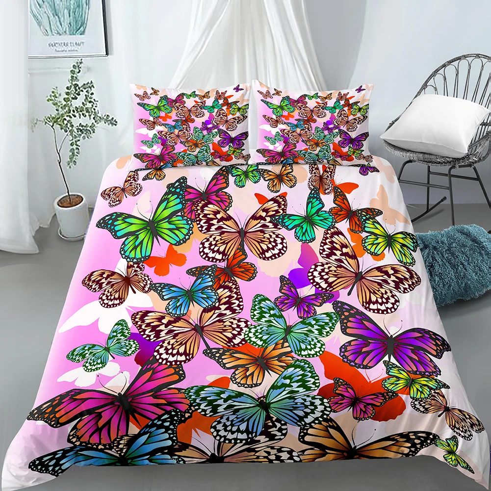 

Lovely 3D Butterfly Bedding Set Duvet Cover with Pillowcase Shame Twin Kids Polyester Comforter Cover Queen King Size for Adult