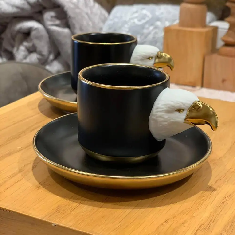

eagle figured coffee cup set 2 person porcelain 4-piece Turkish coffee black coaster mugs creative ceramic espresso luxury new