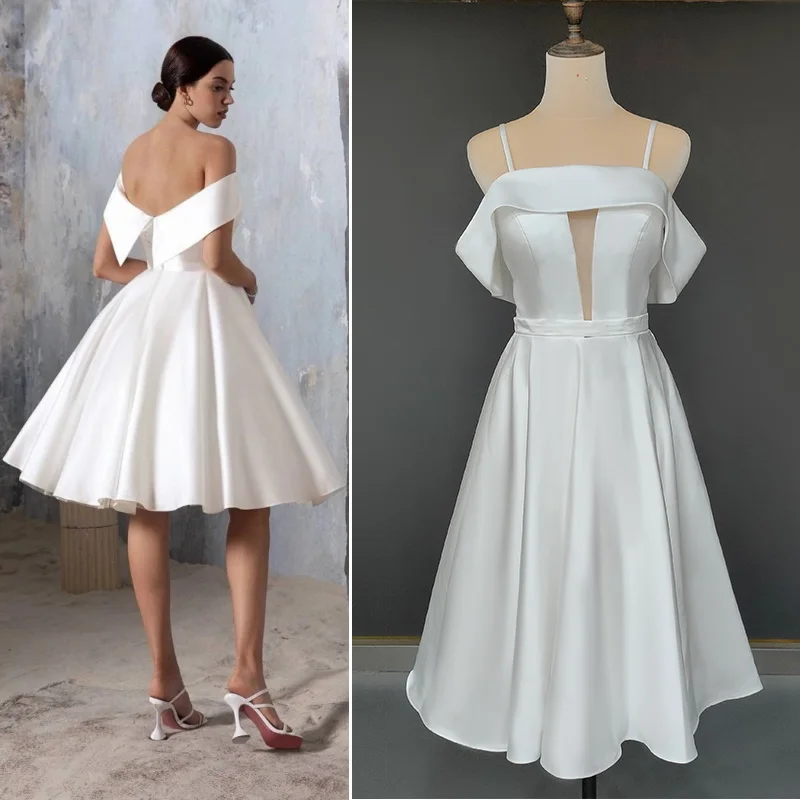 

8865#Elegant Ivory Sexy Backless A-Line Satin Mini Above Knee Length Ruched Short Wedding Dress Wedding Bridal Gown