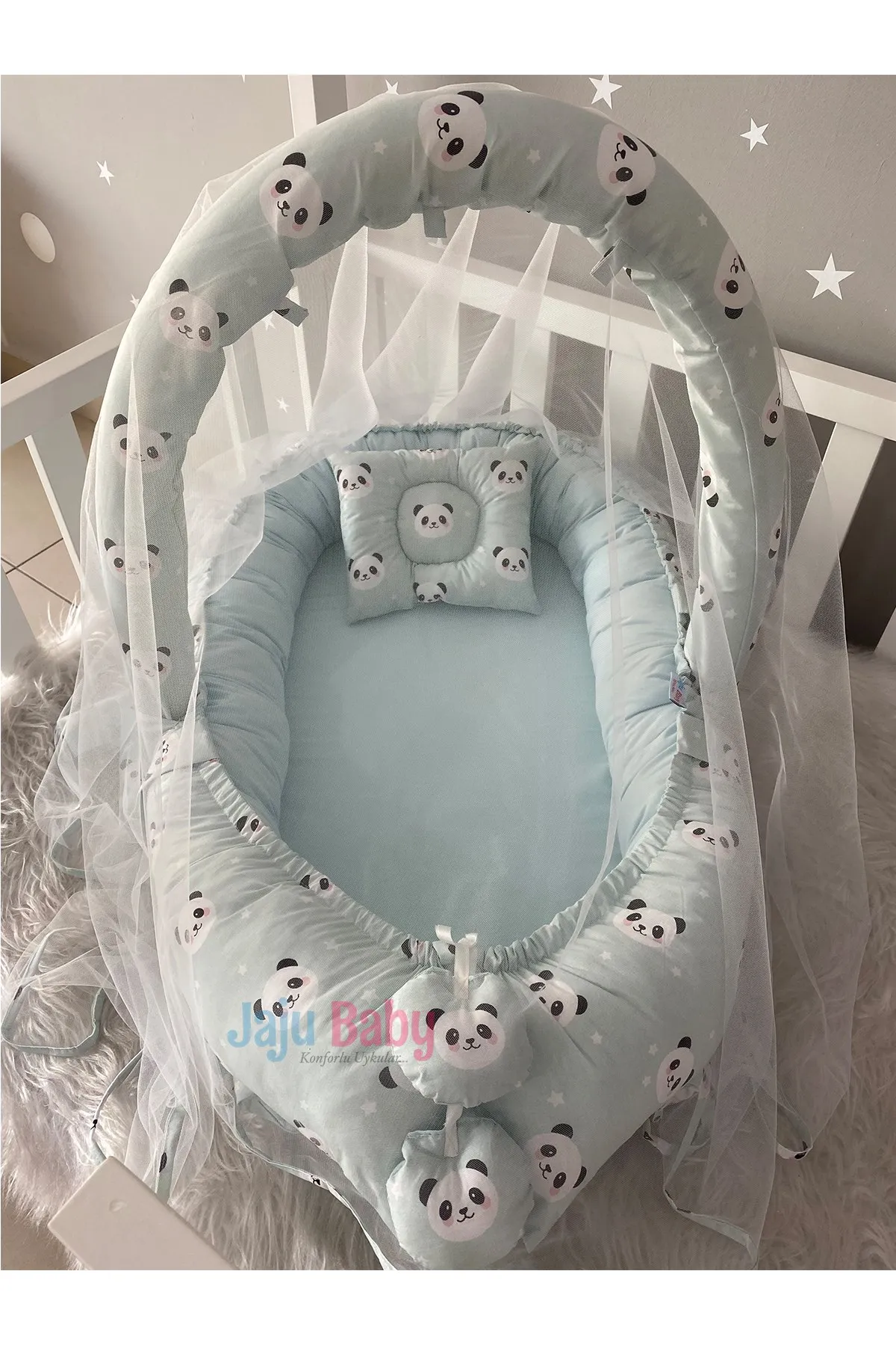 Jaju Baby Handmade Green Panda Pattern Lux Design Babynest with Mosquito Net and Toy Apparatus Mother Side Portable Baby Bed